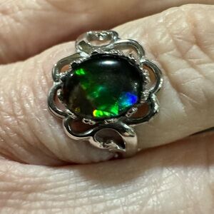 Sterling Silver Ammolite Ring | Size 4.75 | Natural Fire | Statement Setting
